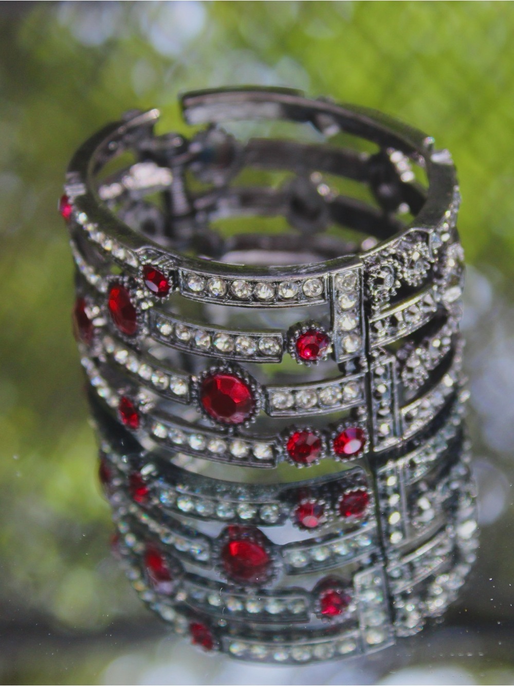 Gunmetal Red Rhinestone Multi Strand Hinged Cuff Bracelet Statement Glam